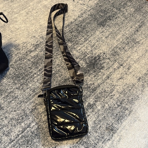 Black Mini Commuter Sling Bag with Camouflage Strap and Cell Phone Holder - Picture 9 of 11